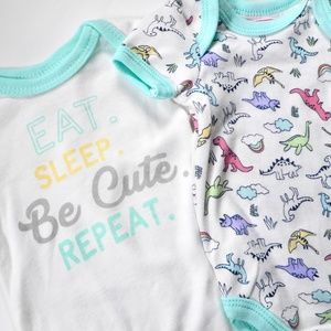 2 NWT 3-6 Mo Baby Eat Sleep Be Cute Repeat Dinosaur Print White Blue